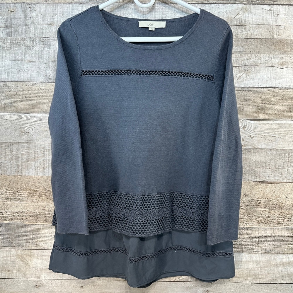 LOFT Grey Sweater‎ Lace Trimmed Chiffon Ruffle Tunic Top Women's Size L